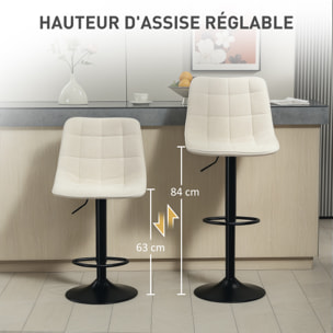 Lot de 2 tabourets de bar design pivotant réglable tissu matelassé finition chenille beige