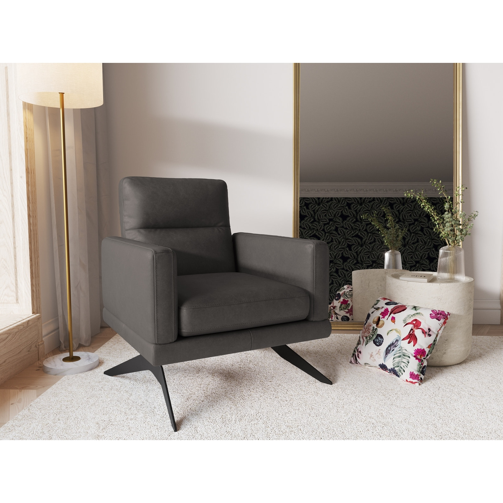 Fauteuil "Ange" en cuir véritable gris foncé