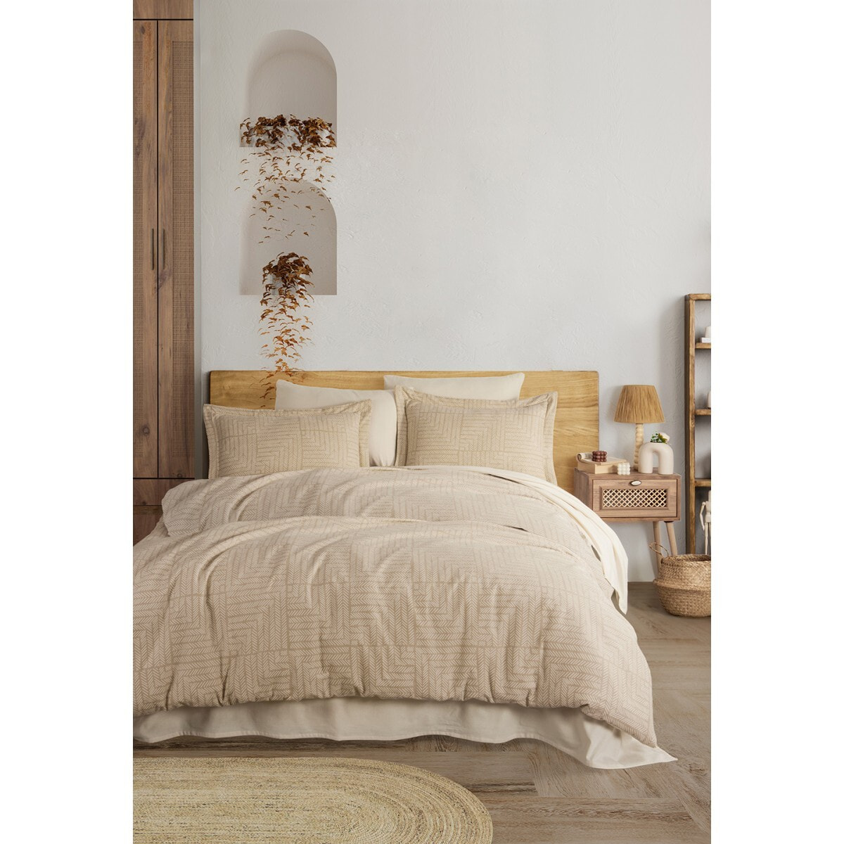 Parure de lit Flanelle de coton imprimé "Zenith beige"