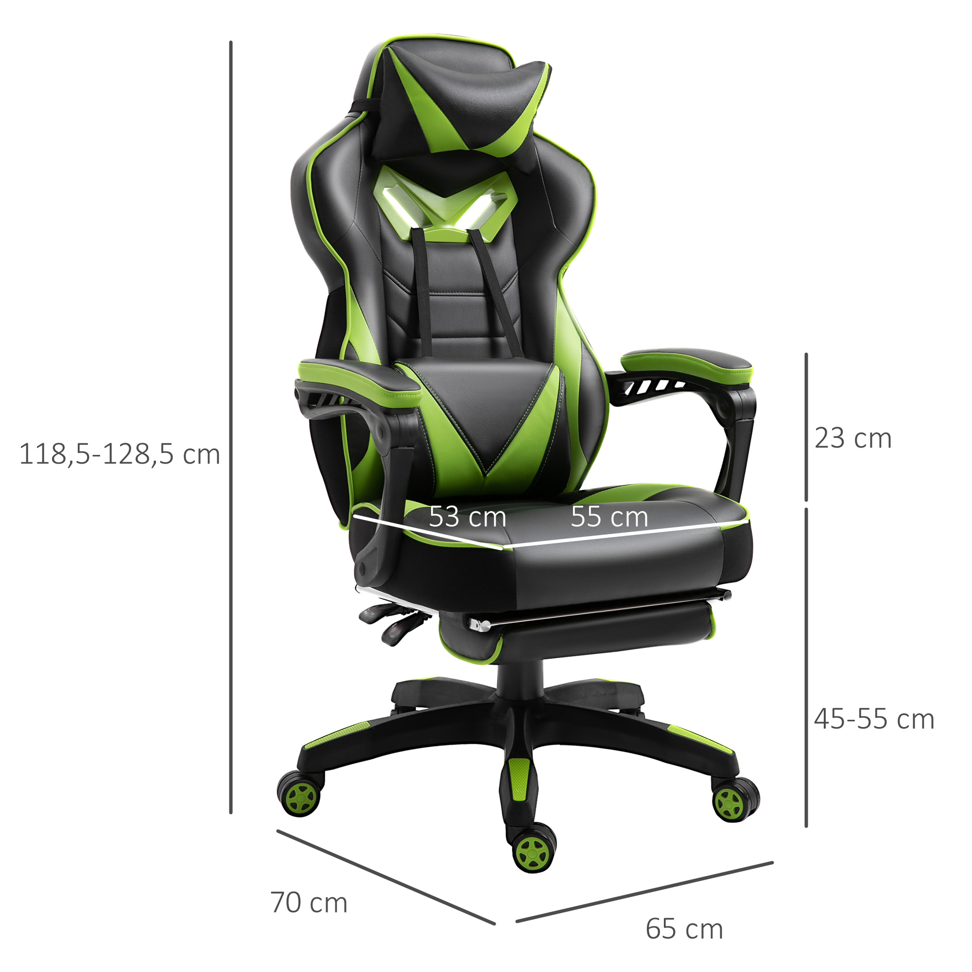 Vinsetto Fauteuil de bureau gamer style baquet racing - pivotant, inclinable - coussin lombaire, tétière, repose-pieds inclus - revêtement synthétique vert noir