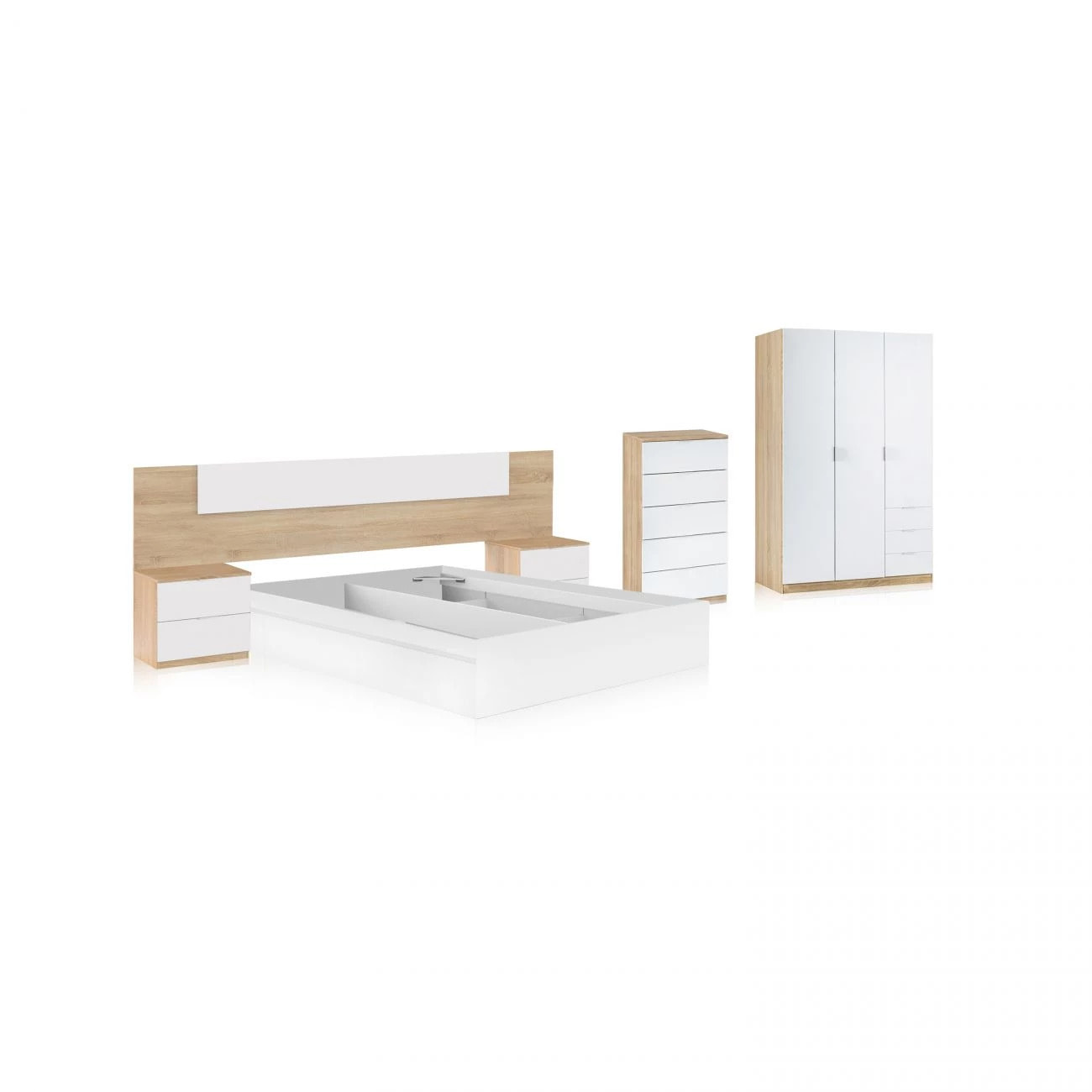 Dormitorio compuesto por 6 piezas en blanco artik y roble canadian Akari 5C Max Blanco Artik (Blanco Mate) - Roble Canadian