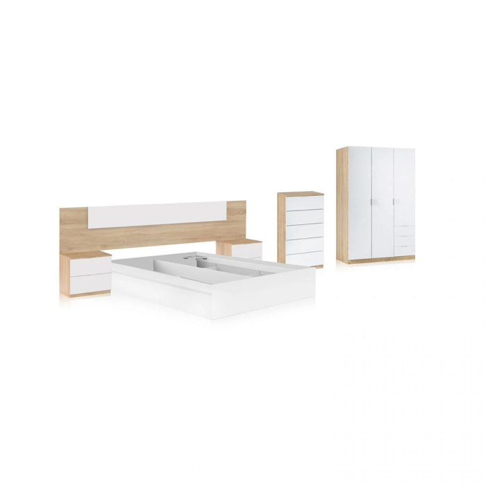 Dormitorio compuesto por 6 piezas en blanco artik y roble canadian Akari 5C Max Blanco Artik (Blanco Mate) - Roble Canadian