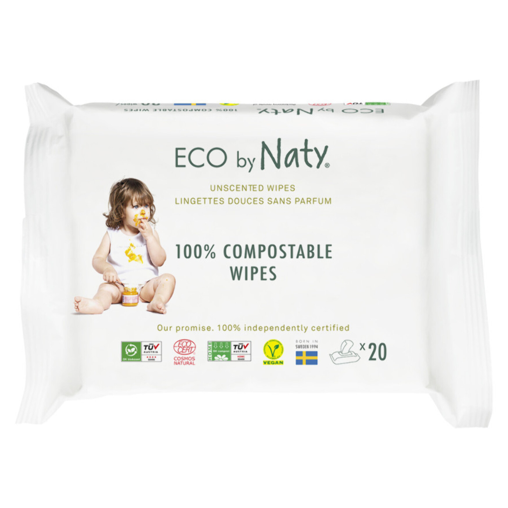 Pack de 12 - Naty - 20 Lingettes Bébé compostables Pack voyage