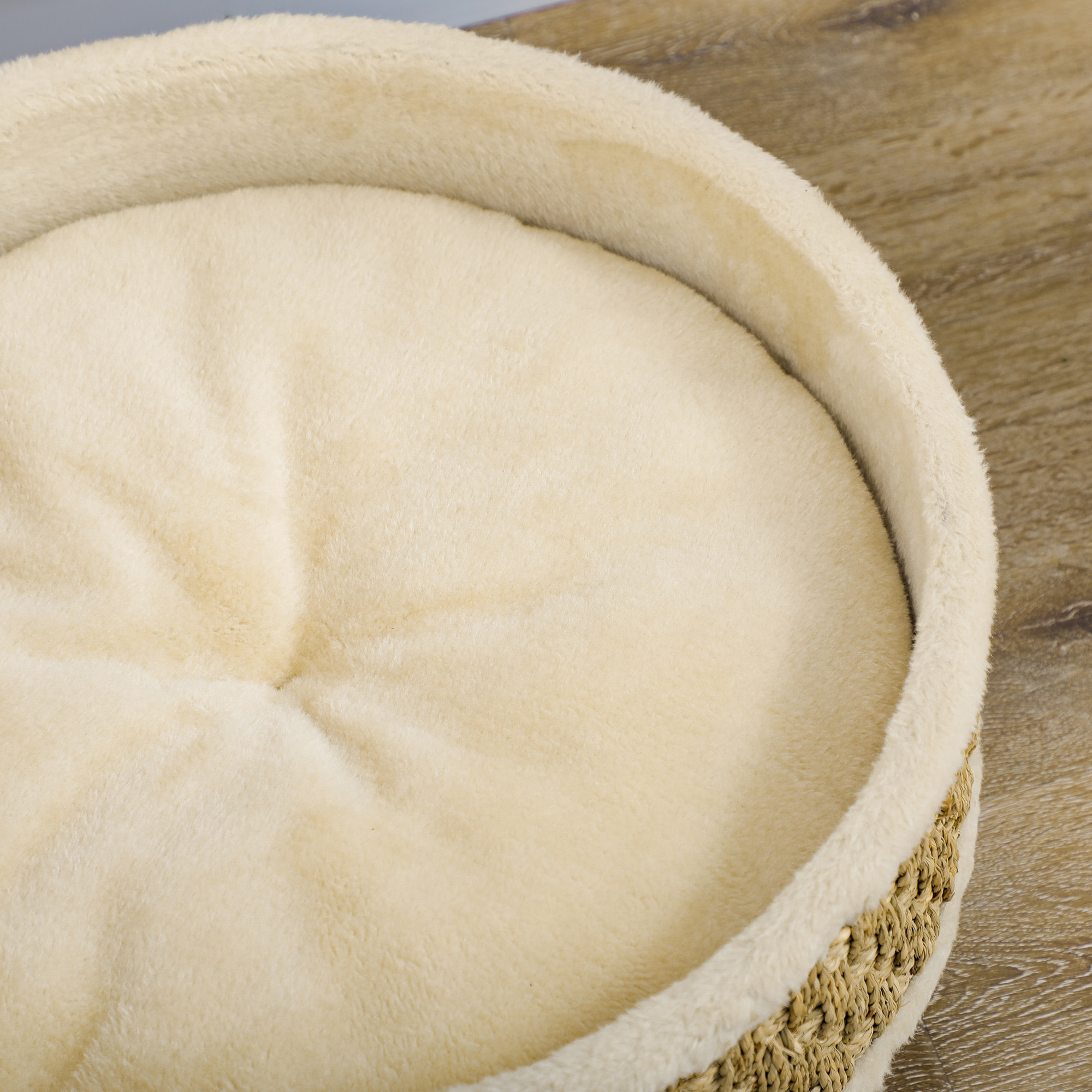 Cama Elevada para Perros Cama para Perros Miniaturas con Cojín Lavable Cuerda de Seagrass Marco de Madera y Alfombrillas Antideslizantes Sofá para Mascotas para Interior Ø48x24,5 cm Beige