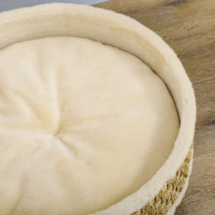 Cama Elevada para Perros Cama para Perros Miniaturas con Cojín Lavable Cuerda de Seagrass Marco de Madera y Alfombrillas Antideslizantes Sofá para Mascotas para Interior Ø48x24,5 cm Beige