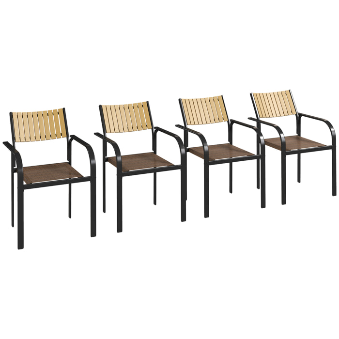 Juego de 4 Sillas de Jardín Exterior Sillas Terraza Exterior Apilables Sillón de Comedor con Tela Transpirable Marco de Acero Reposabrazos y Respaldo 58x65x85 cm Marrón