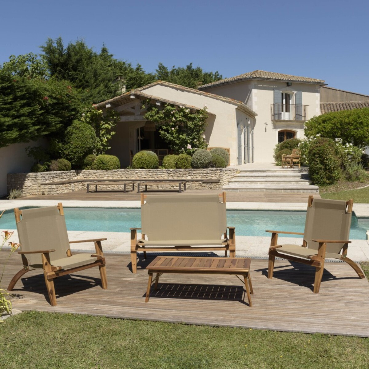VICK - SALON DE JARDIN EN BOIS ACACIA 4 pers - 1 Canapé 2 places, 2 fauteuils et 1 table basse rectangulaire 100 x 50 cm