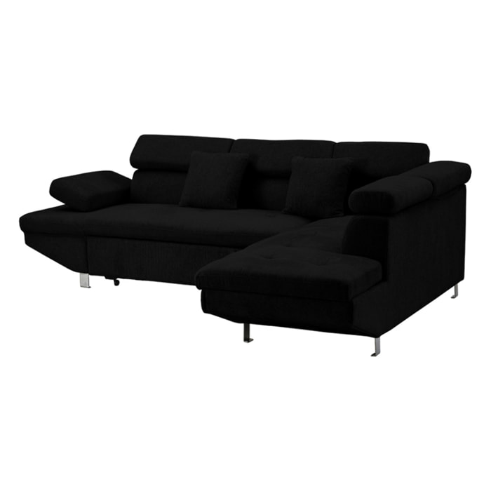 Margaux - Canapé d'angle droit 5 places convertible avec coffre et têtières réglables en velours texturé - Noir