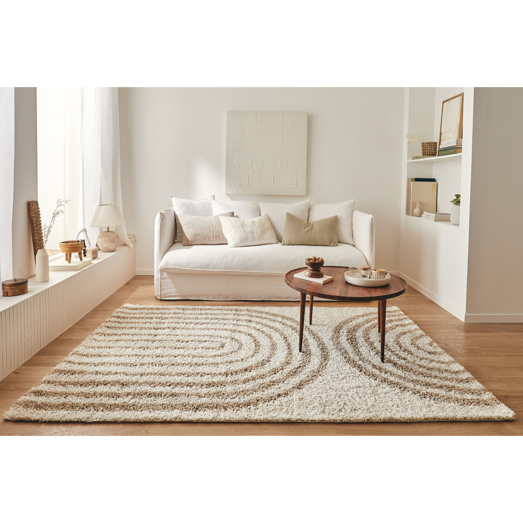 OLYMPE - Tapis shagy à poils long à motif arc - Beige