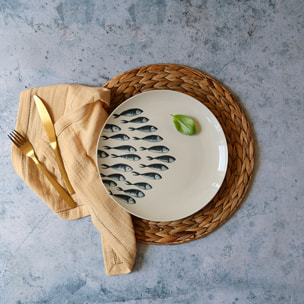 Lot de 6 assiettes plates motif marin en porcelaine 26,5cm PESCARE