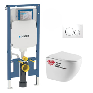 Pack WC sans bride Vortex, fixations invisibles + Abattant softclose + Bâti Geberit Extra-plat UP720 + Plaque