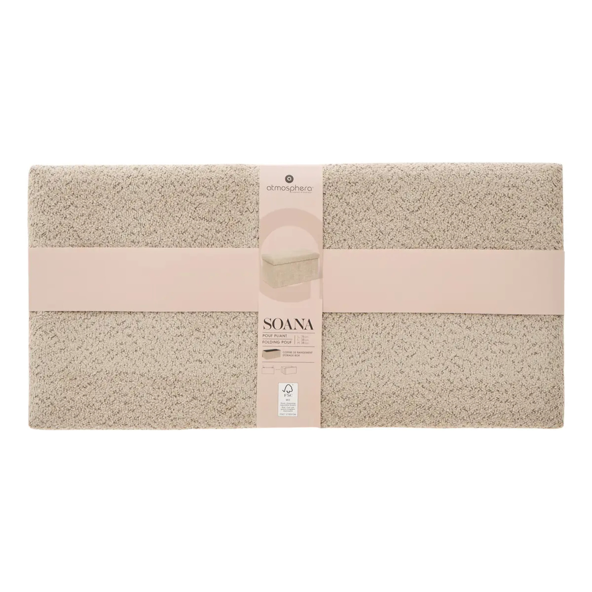 Pouf Pliable Coffre Soana en Bouclette Beige foncé 76x38cm