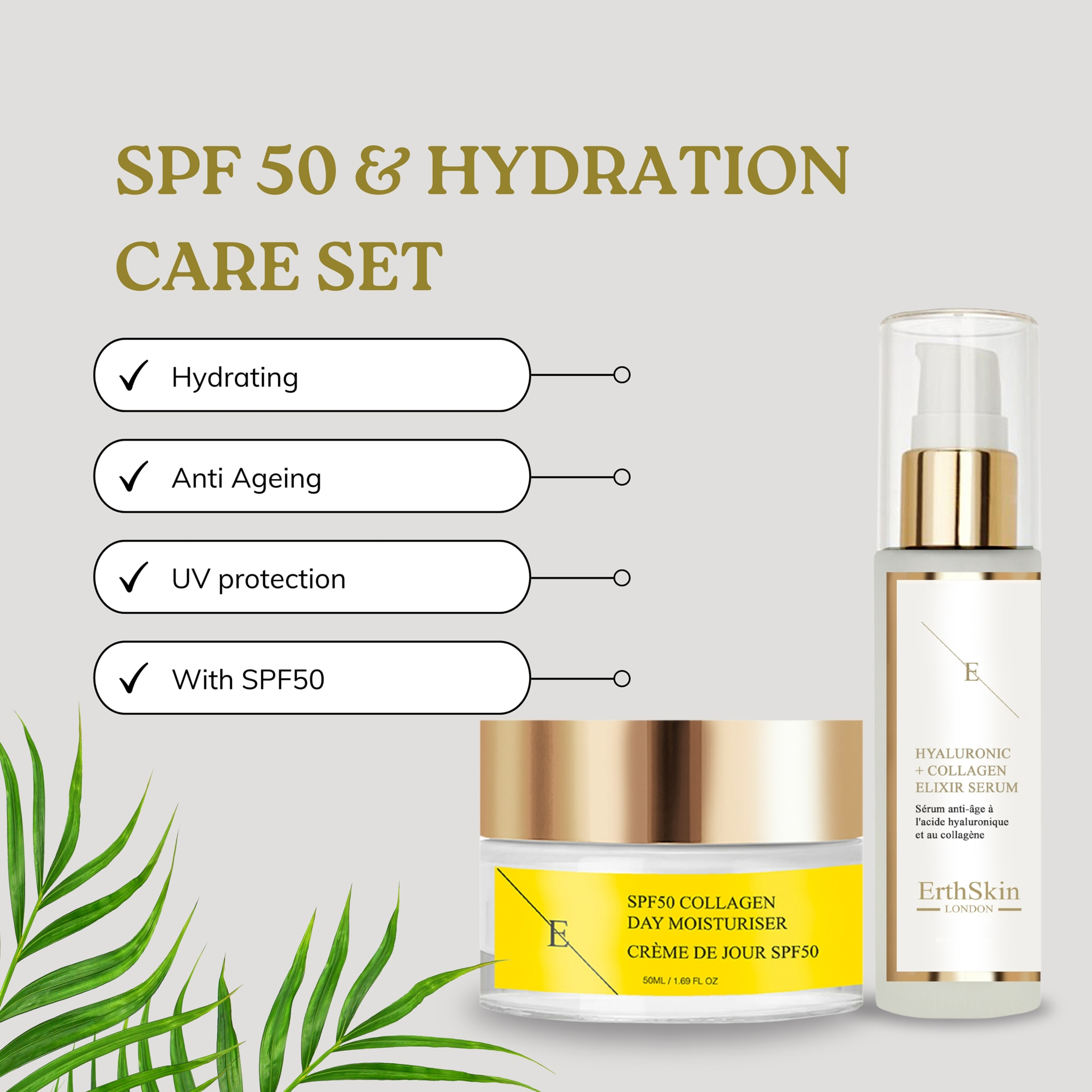 Crema de día con colágeno FPS 50 50 ml + Sérum de ácido hialurónico y colágeno 60 ml