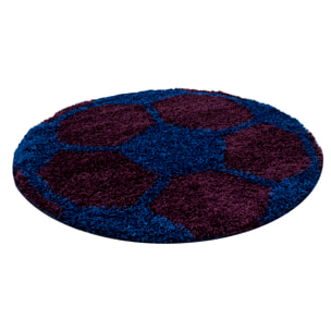 FUN - Tapis enfant shaggy rond à poils long motif ballon de foot bleu