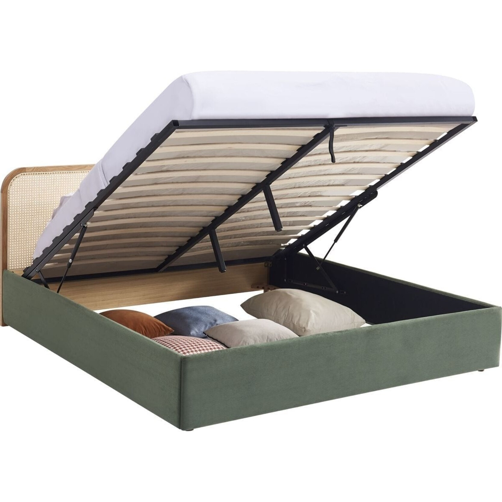 Lit coffre adulte 140x190 cm en velours côtelé avec tête de lit en bois et cannage - ELSA
