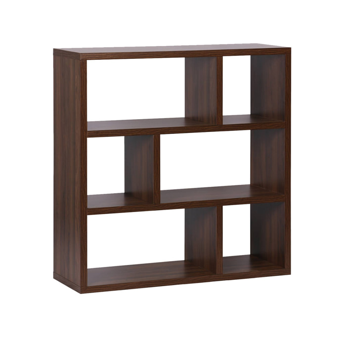 Etagère bibliothèque asymétrique 3 niveaux 6 compartiments. casiers. effet bois de noyer.  L 111.2 x P 39 x H 115.2cm