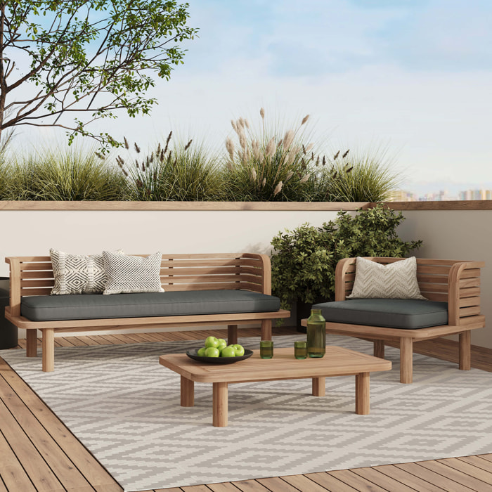 Salon de jardin 3 places en bois de teck et tissu gris - Kilda