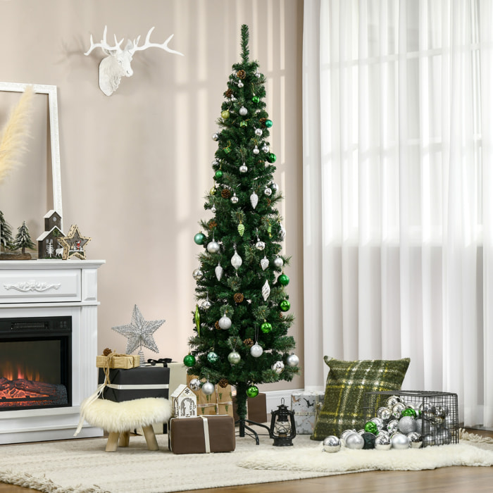 Árbol de Navidad Artificial 195 cm Árbol de Navideño de 556 Ramas Árbol de Navidad Estrecho Forma de Lápiz con 25 Piñas Base Plegable Verde