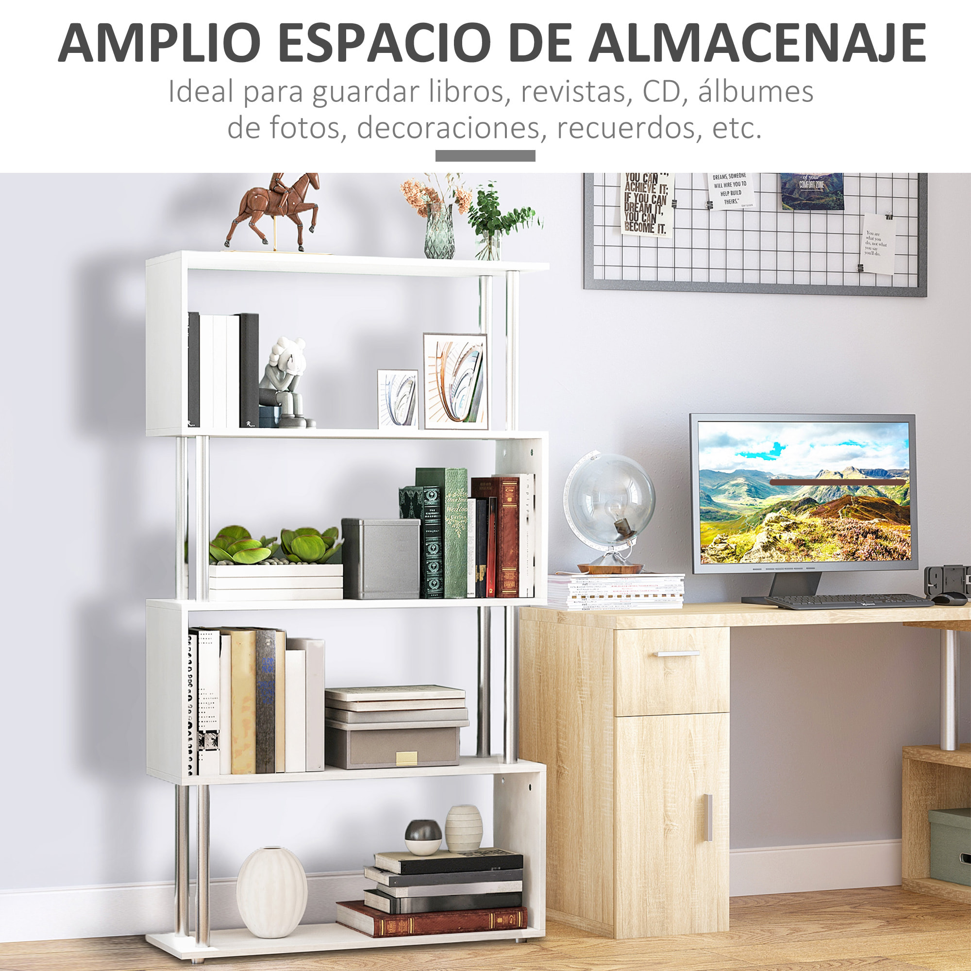 Libreria 145x80x30 cm Madera y Metal Muebles Oficina Estanteria Estante Blanco