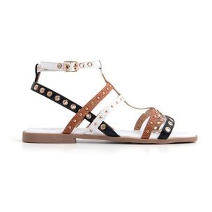 Sandalo flat tricolor con occhielli - BEIGE