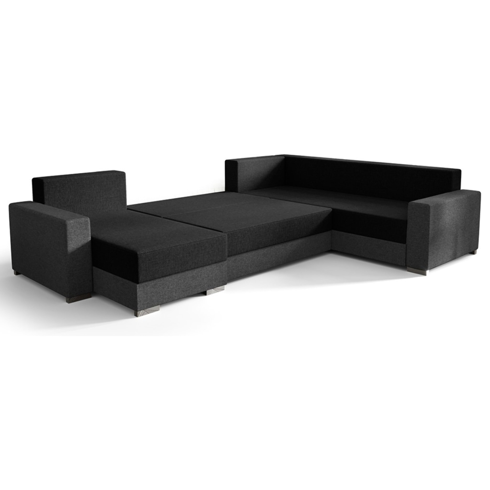 Epona - Canapé panoramique d'angle réversible 7 places convertible avec coffre en tissu - Noir / Gris