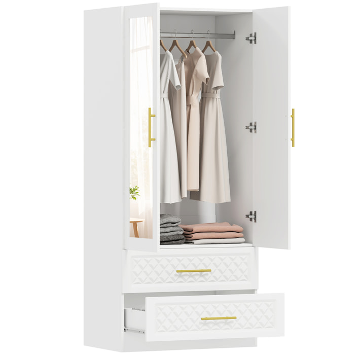 Armario Dormitorio 2 Puertas y 2 Cajones, Armario Ropero con Espejo, Relieve de Diamante, Barra para Colgar, Estilo Moderno, 80x50x180 cm, Blanco