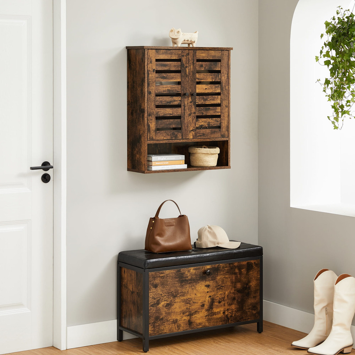 Mobiletto pensile da bagno in legno rustico con ripiano aperto