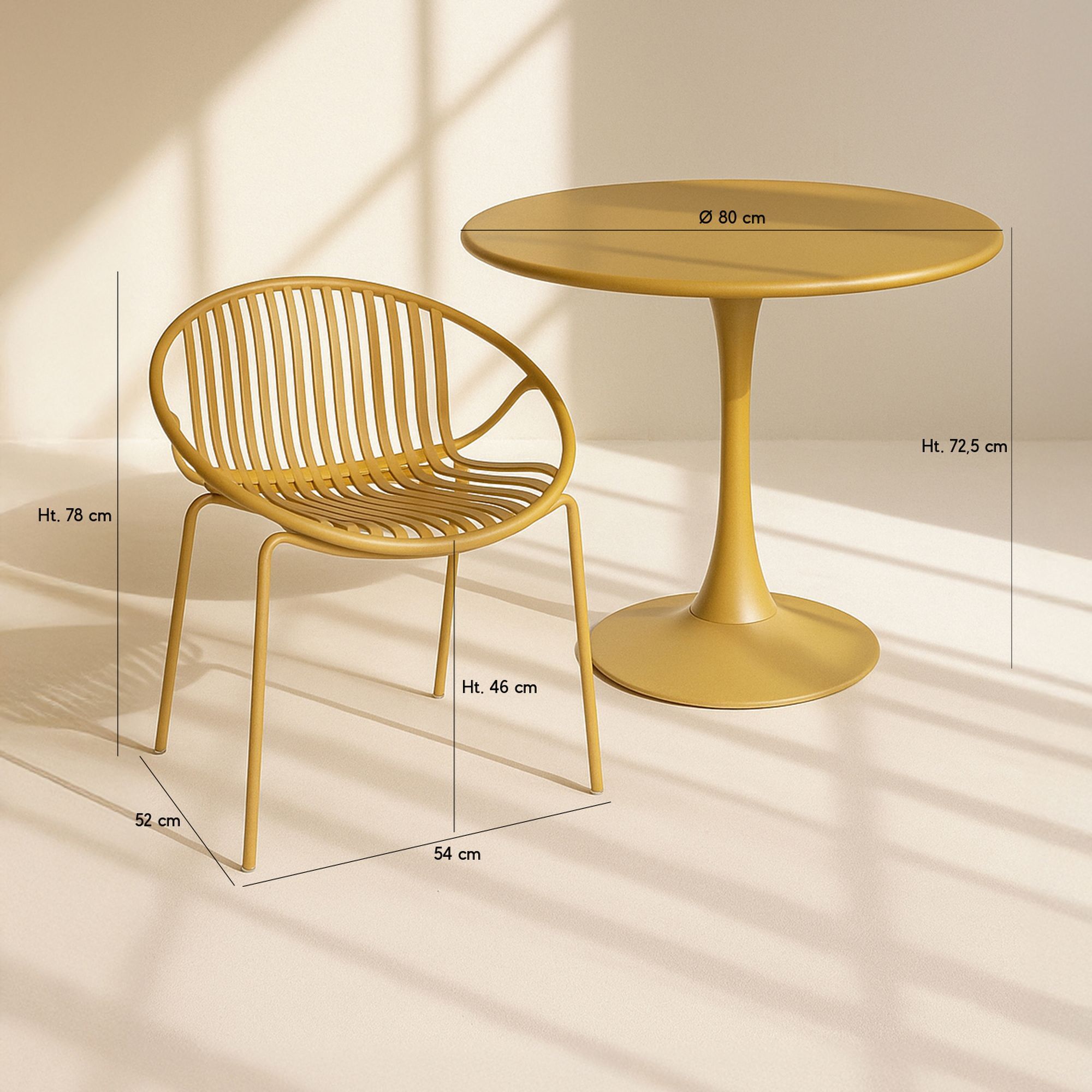 Ensemble de repas table et 4 fauteuils en polypropylène ocre CALYPSO