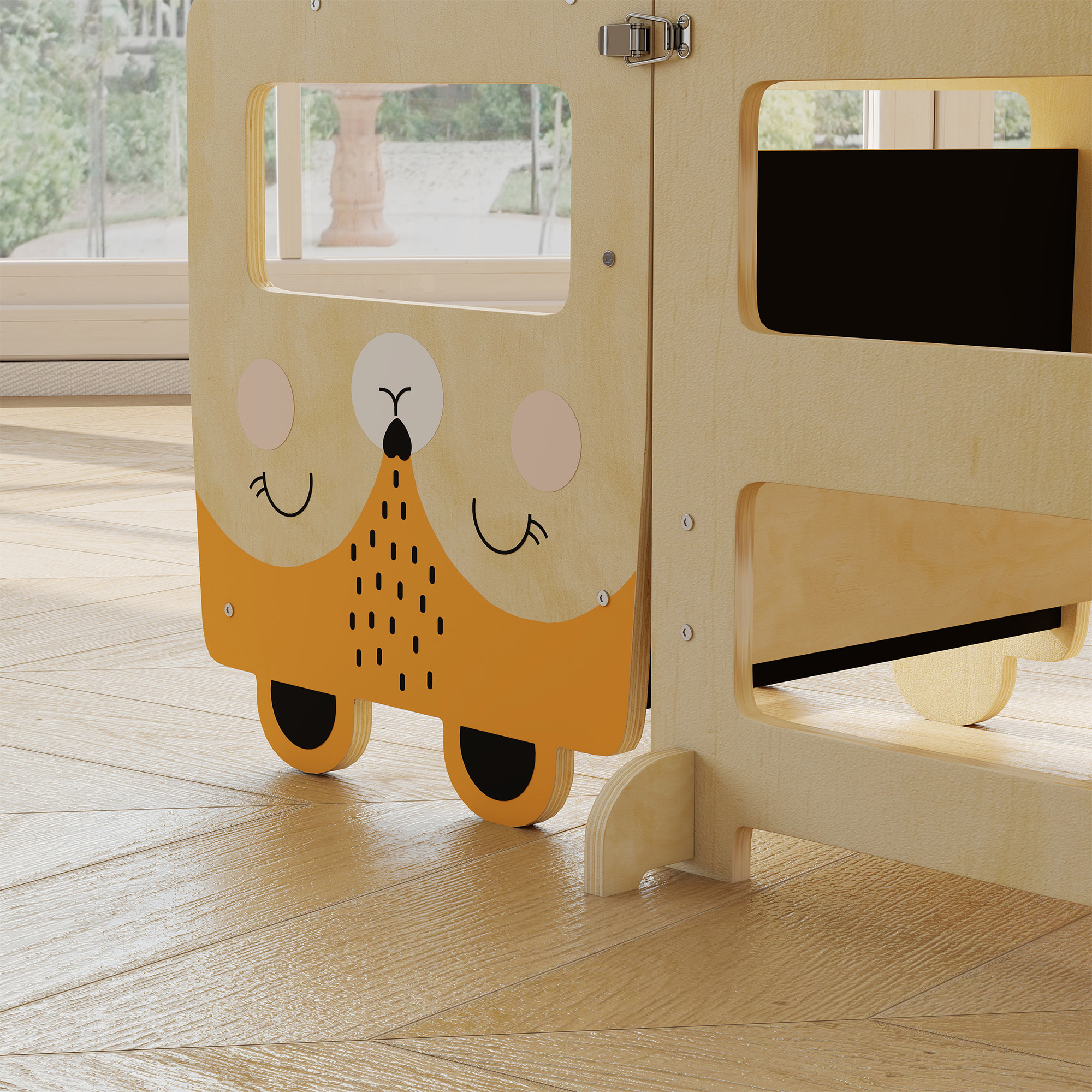 Torre de Aprendizaje 3 en 1 Plegable, Convertible en Escritorio y Silla, Taburete de Aprendizaje para Niños de 2-5 Años con Pizarra, Dibujos de Zorros, para Baño, Cocina, Natural
