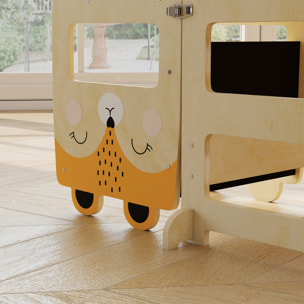 Torre de Aprendizaje 3 en 1 Plegable, Convertible en Escritorio y Silla, Taburete de Aprendizaje para Niños de 2-5 Años con Pizarra, Dibujos de Zorros, para Baño, Cocina, Natural