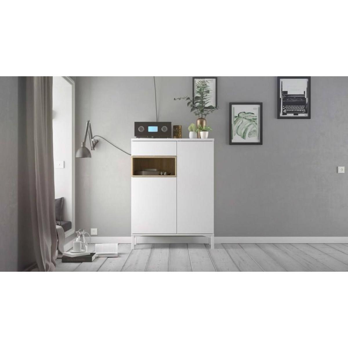 Credenza a due ante e un cassetto, colore bianco con un vano di colore rovere, Misure 88 x 118 x 36 cm