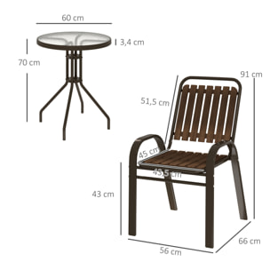 Conjunto Jardín Exterior de 3 Piezas Juego de Muebles de Jardín con 2 Sillas Apilables Mesa con Encimera de Vidrio Templado y Estructura de Acero para Terraza Patio Balcón Marrón Oscuro