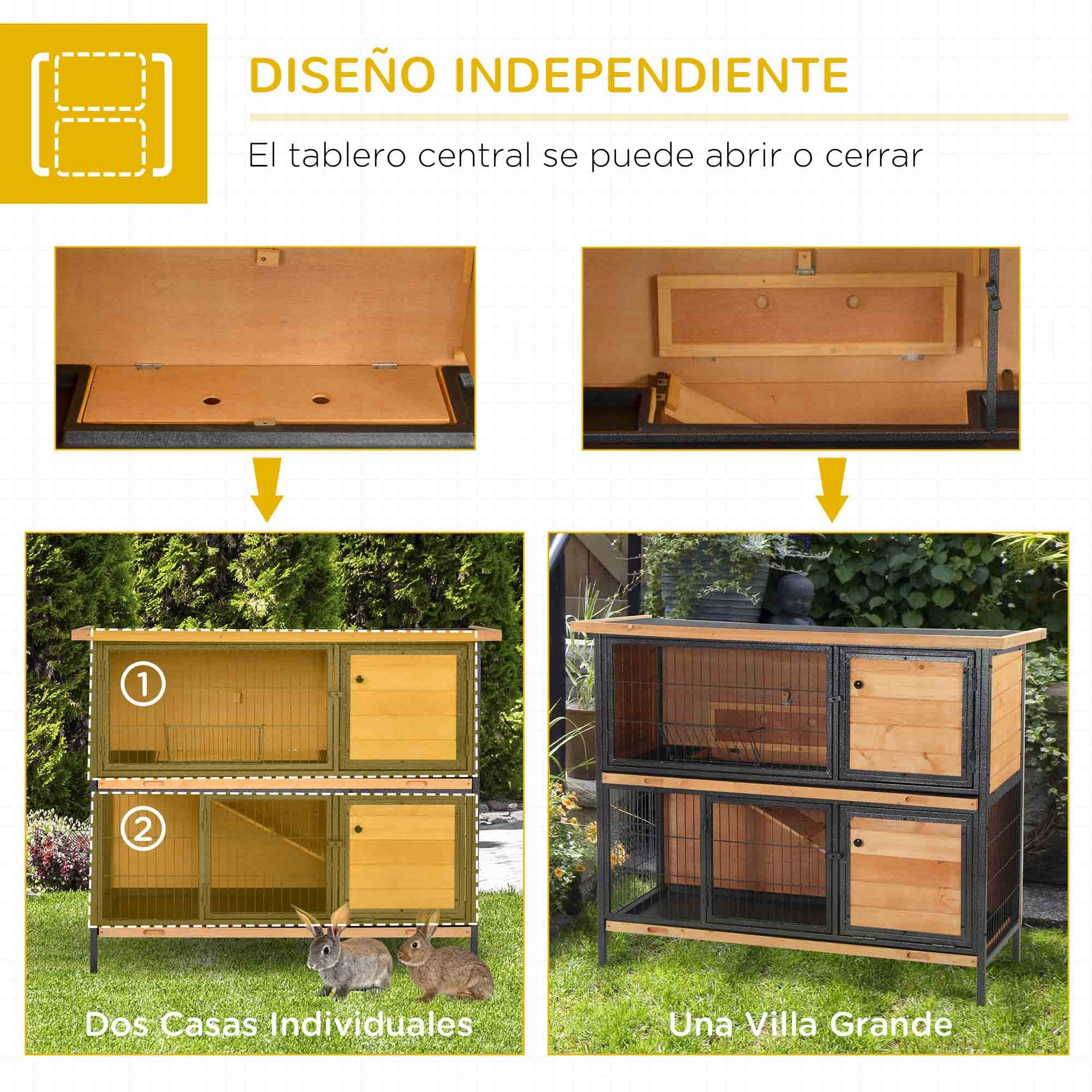 Conejera de Madera de 2 Niveles Jaula para Conejos con Techo Asfáltico Abatible Puertas con Pestillo Bandejas Extraíbles y Rampa Conejera para Exterior 122x50x101 cm Natural y Negro