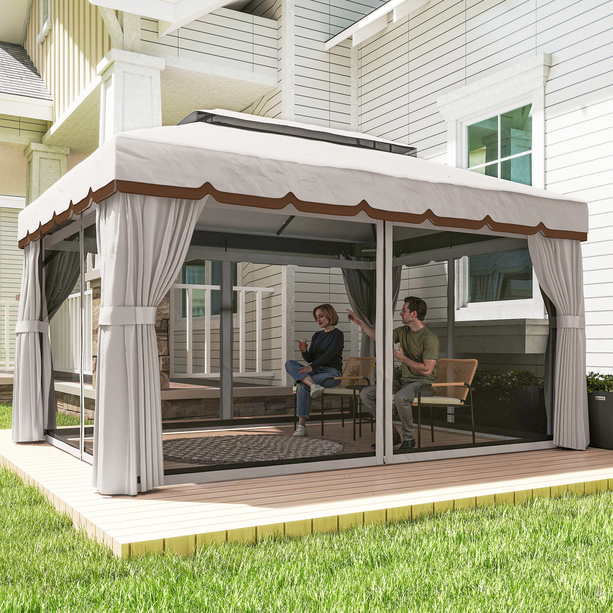 de Jardín 4x3 m, Pabellón de Jardín Gazebo con Doble Techo, 4 Cortinas y Mosquitera, Marco de Aluminio, Orificios de Drenaje, UPF50+, Carpa para Exterior, Terraza, Patio, Blanco Crema