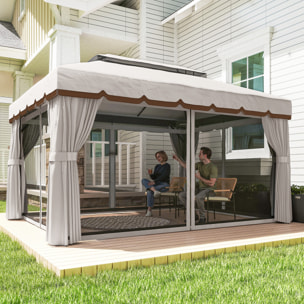 de Jardín 4x3 m, Pabellón de Jardín Gazebo con Doble Techo, 4 Cortinas y Mosquitera, Marco de Aluminio, Orificios de Drenaje, UPF50+, Carpa para Exterior, Terraza, Patio, Blanco Crema