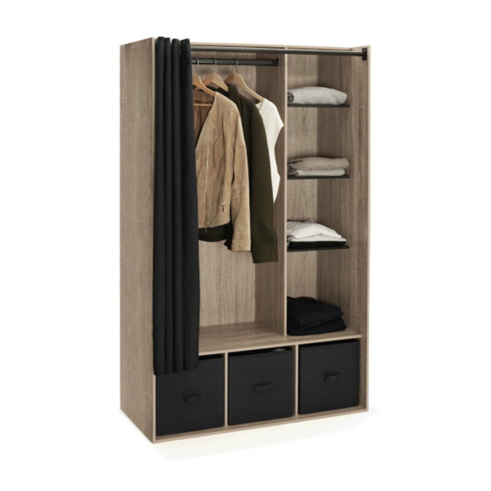 Dressing avec étagères et rideau - Bois - Noir
