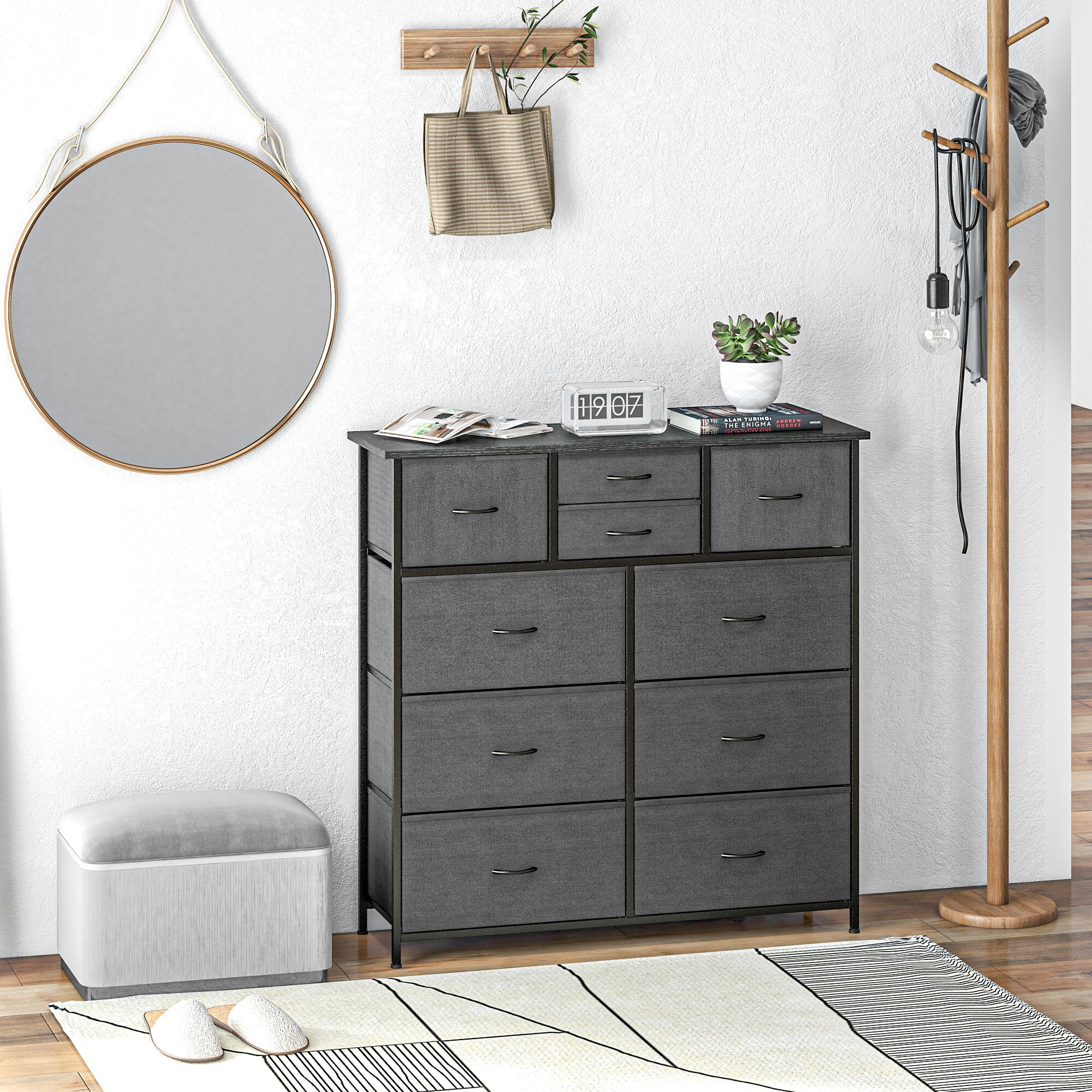 Meuble de rangement commode 10 tiroirs plateau acier MDF non tissé noir