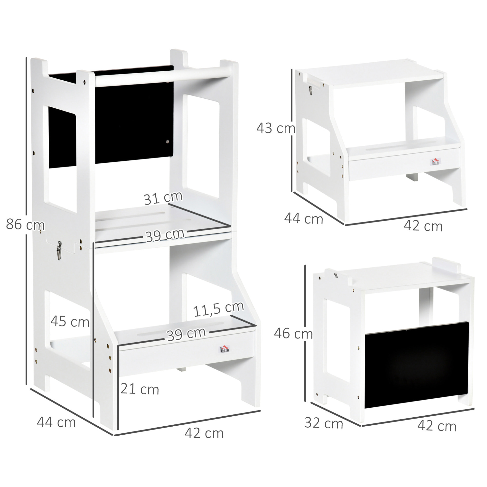 Tour d'apprentissage tableau à craie tabouret bureau 3 en 1 - marches antidérapantes, barreau, hauts rebords de sécurité - MDF blanc noir