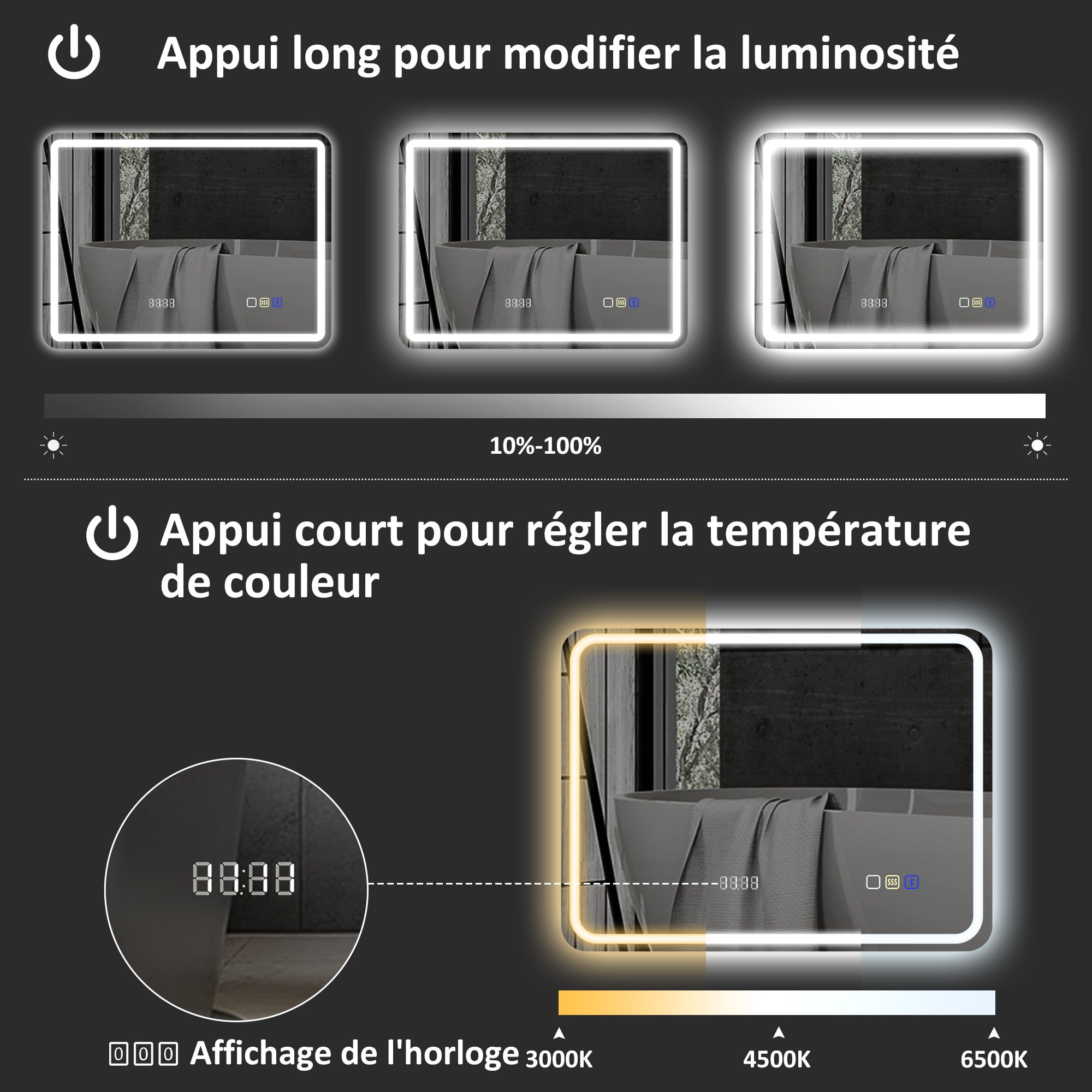 Miroir lumineux LED salle de bain Bluetooth 50x70cm - horloge numérique, antibuée, tactile, réglable - verre trempé 4 mm