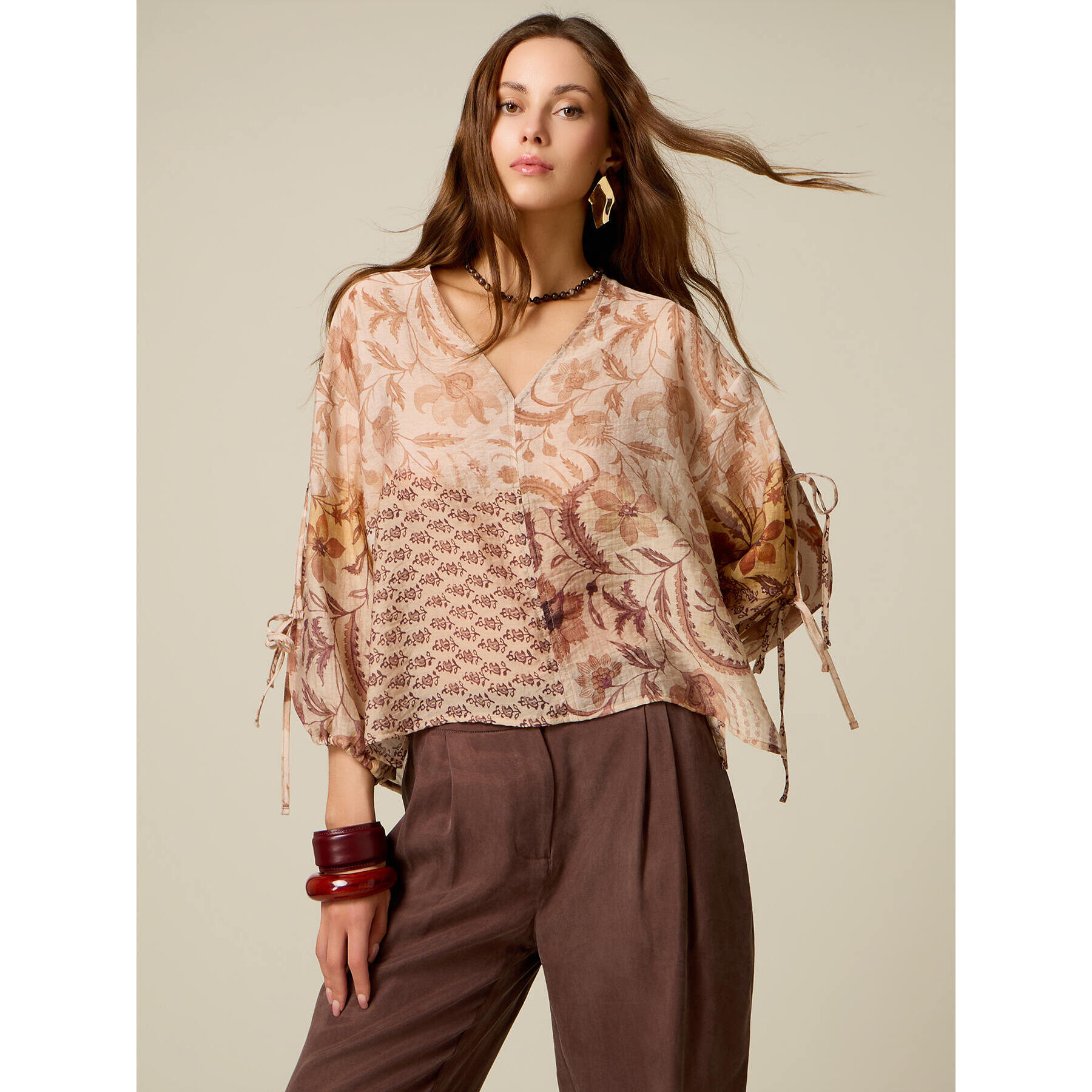 Oltre - Blusa estampada mezcla lyocell - Beige