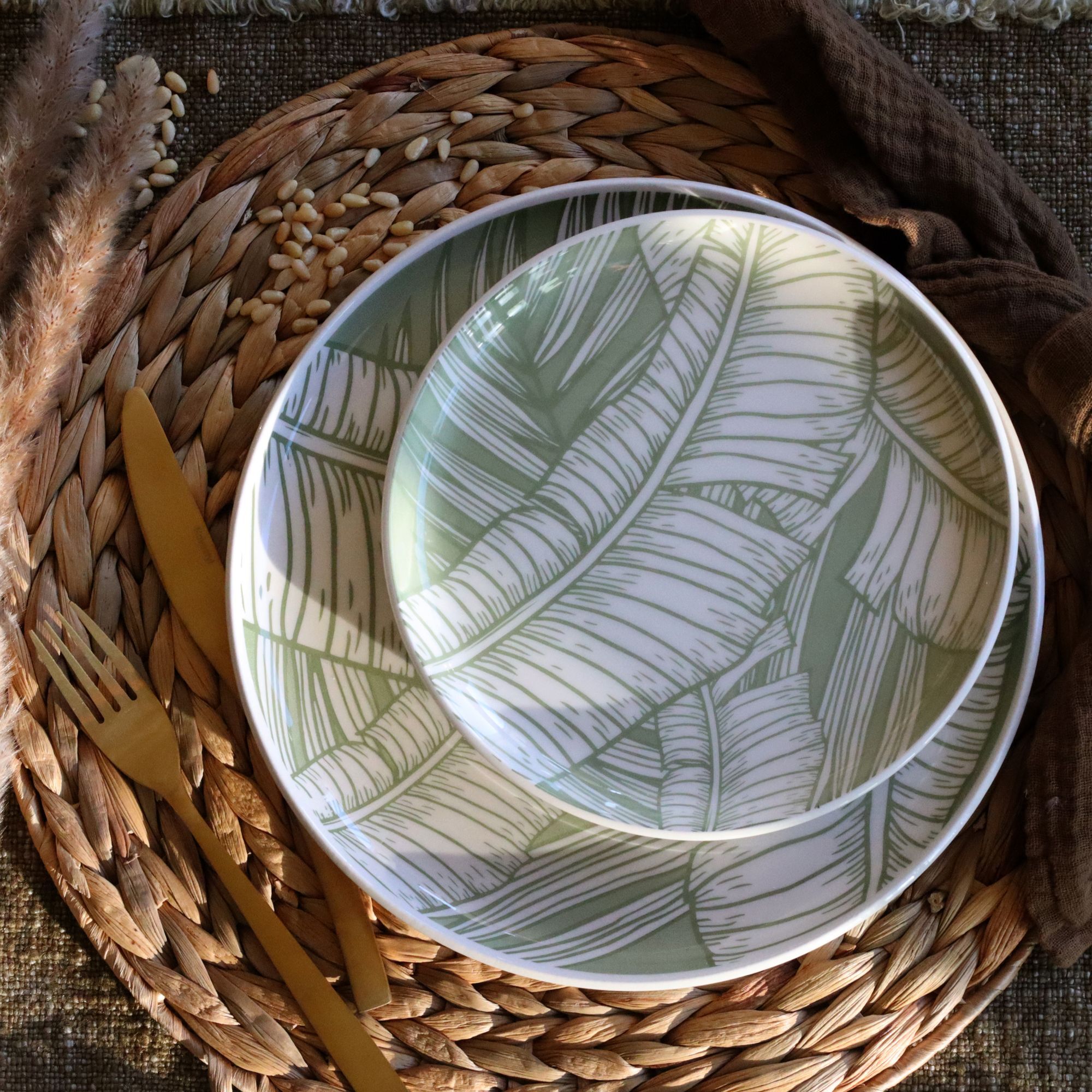 Lot de 6 assiettes à dessert 20cm en grès à motif vert LEAVES