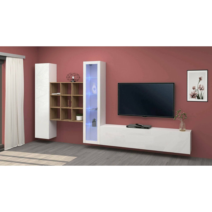 Parete attrezzata Emilio, Set salotto porta TV a 3 ante, Mobile soggiorno multiuso con vetrina e luce LED, 100% Made in Italy, cm 310x30h180, Bianco lucido e Acero