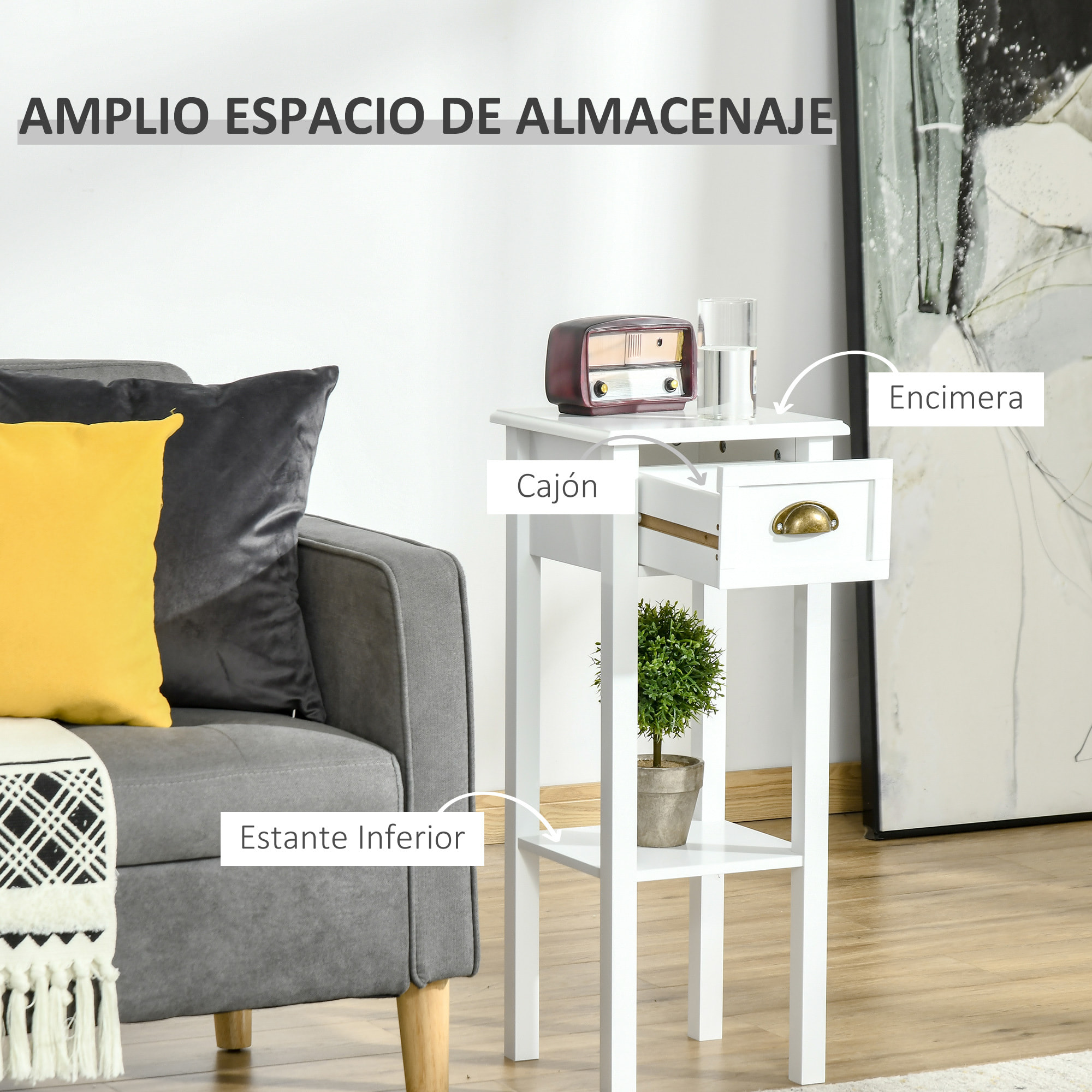 Mesa Auxiliar Mesita de Noche con Cajón y Estante de Almacenamiento Estilo Moderno para Sala de Estar Domitorio 30x30x75 cm Blanco