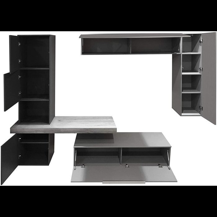 Parete Attrezzata Mobile Mobile Soggiorno TV Mensola Modulo Sospeso Salotto Base Televisione Sala Pranzo 278 x 207 x 50 cm Grafite e Grigio Cemento