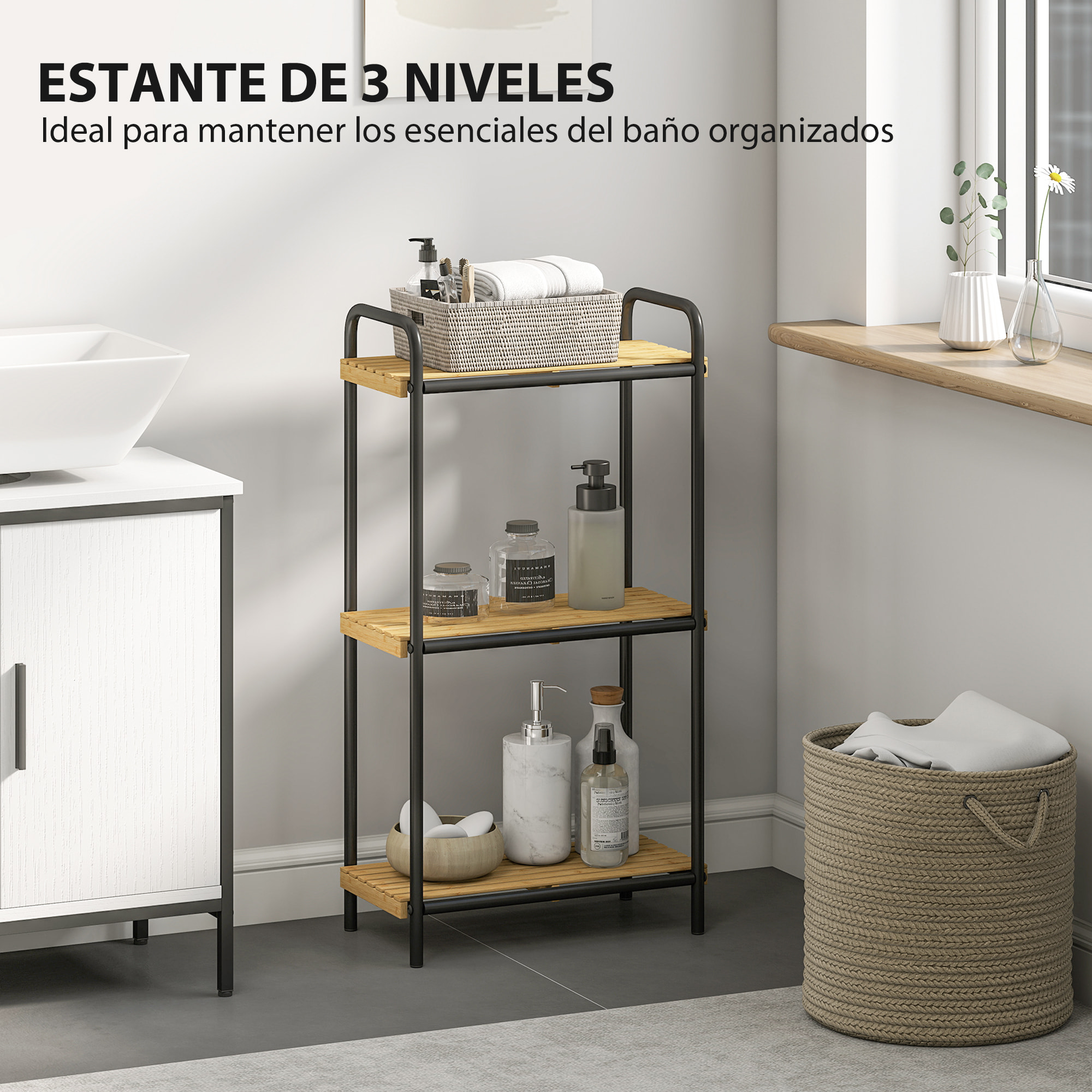 Estantería de Baño de Bambú de 3 Niveles Estantería de Almacenaje con 3 Baldas Abiertas Diseño de Lamas y Estructura de Acero para Cocina Baño Salón 41,5x21,5x77,5 cm Natural y Negro