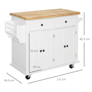 Desserte de cuisine multi rangements 2 tiroirs 2 placard 2 portes avec étagère range-bouteille porte-torchons MDF blanc hévéa