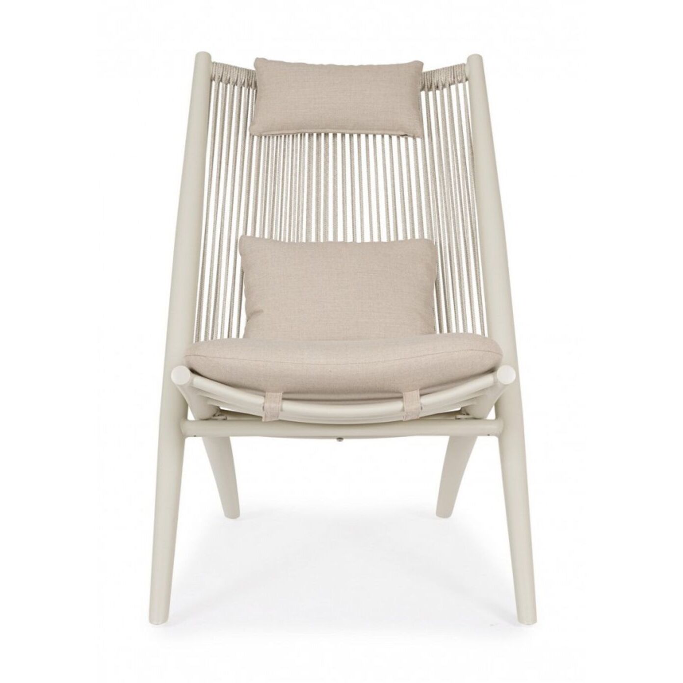Set di 4 poltrone ALOHA in alluminio beige e intreccio di corda beige, con cuscini