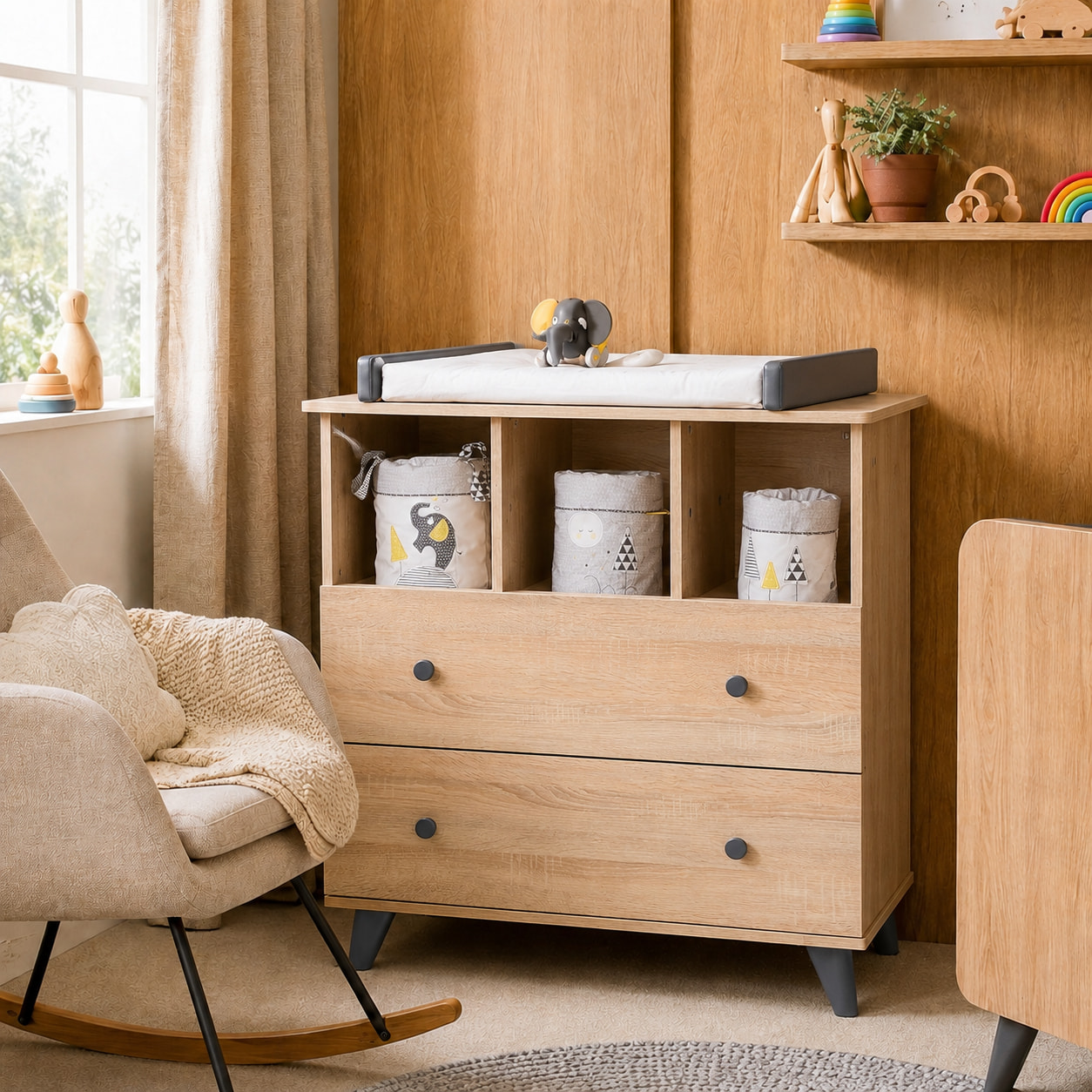 Chambre bébé trio: Lit bébé 60x120, Commode à langer 2 tiroirs et armoire 2 portes décor bois chêne