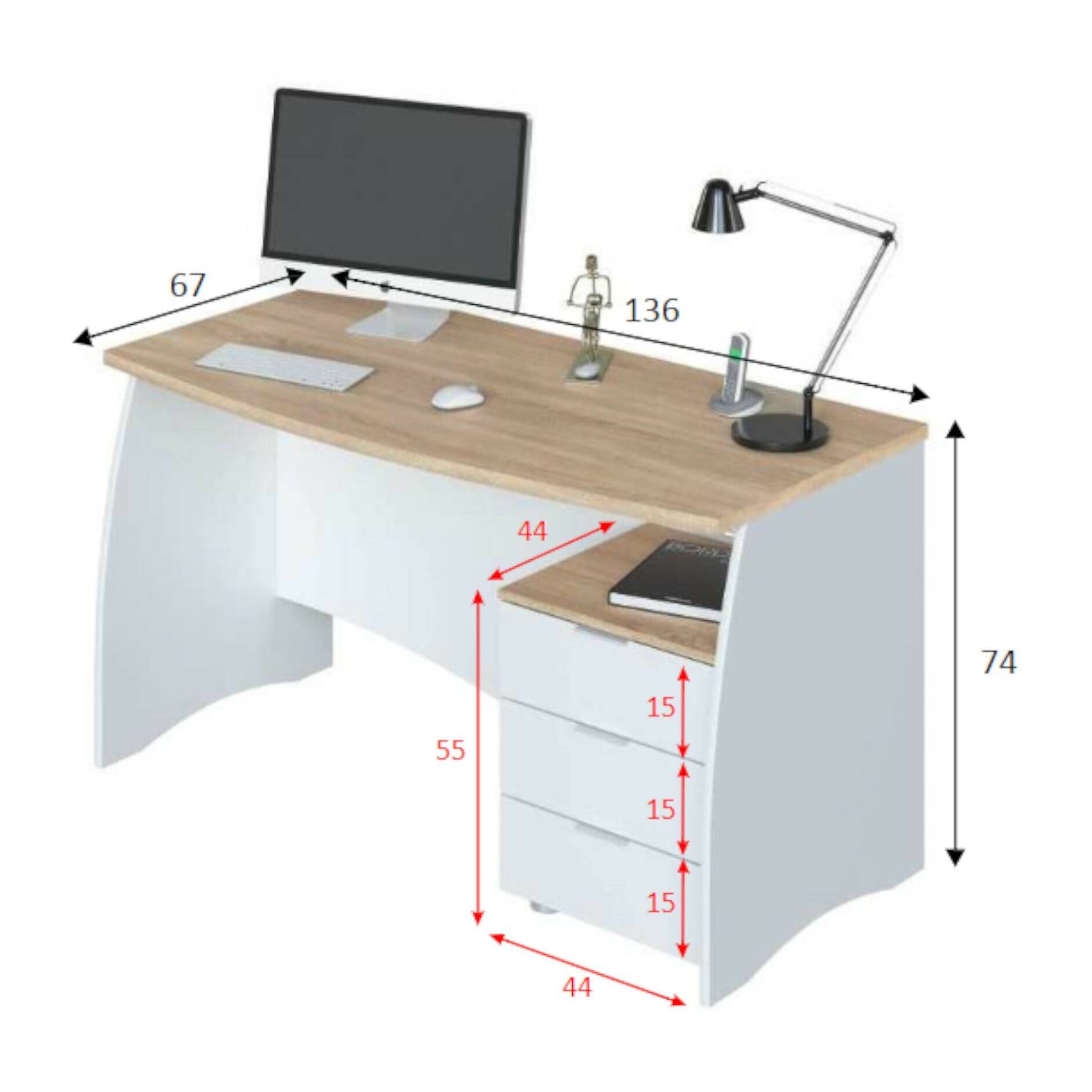 Scrivania Carrollton, Scrittoio da ufficio, Tavolo da studio porta PC con 3 cassetti, cm 136x67h74, Bianco e Rovere