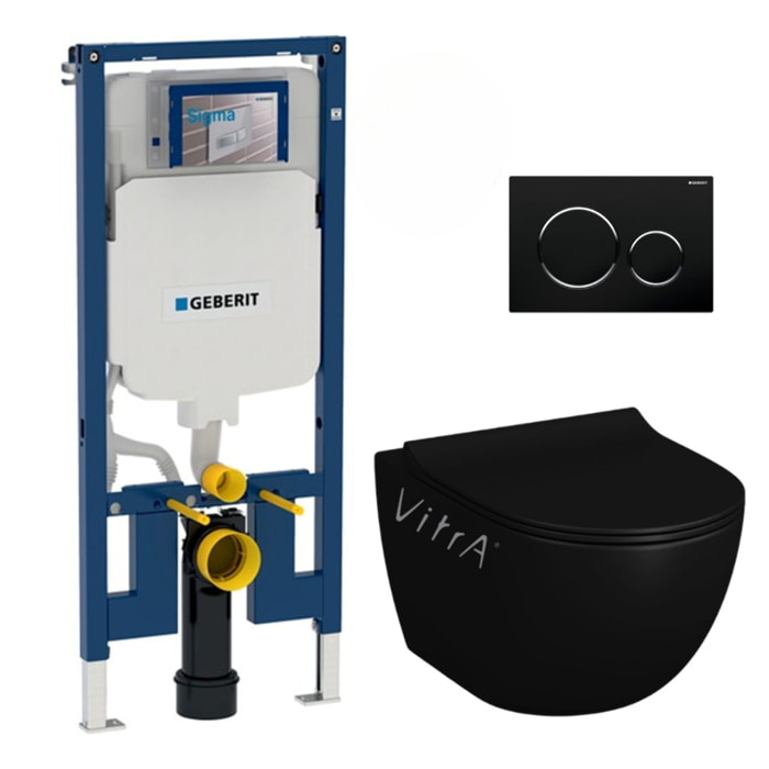 Pack WC Bati-support extra-plat UP720 + WC Vitra Sento sans bride noir mat + Abattant softclose + Plaque noire chromé